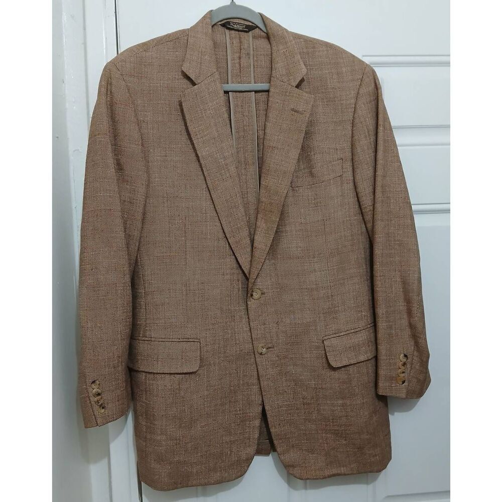 Paul Stuart mens 43 TALL LONG tan linen silk wool blazer jacket made in Canada